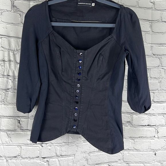 European Culture Womens Blouse Buttoned Quarter Sleeve Fitted Blue Black Small - Picture 2 of 12